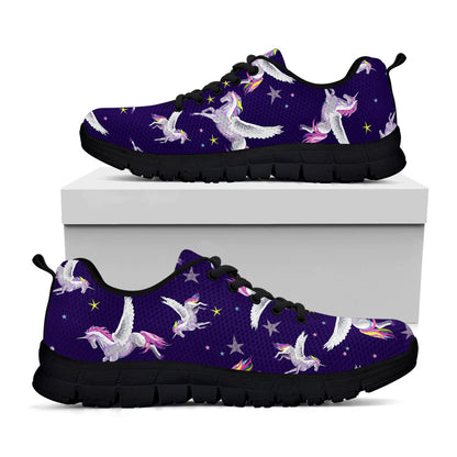 Night Winged Unicorn Pattern Print Black Running Shoes