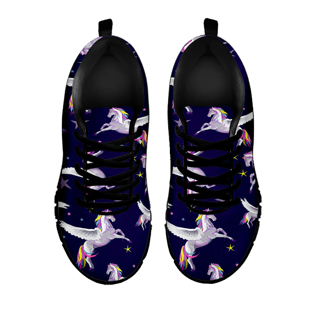 Night Winged Unicorn Pattern Print Black Running Shoes