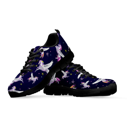 Night Winged Unicorn Pattern Print Black Running Shoes