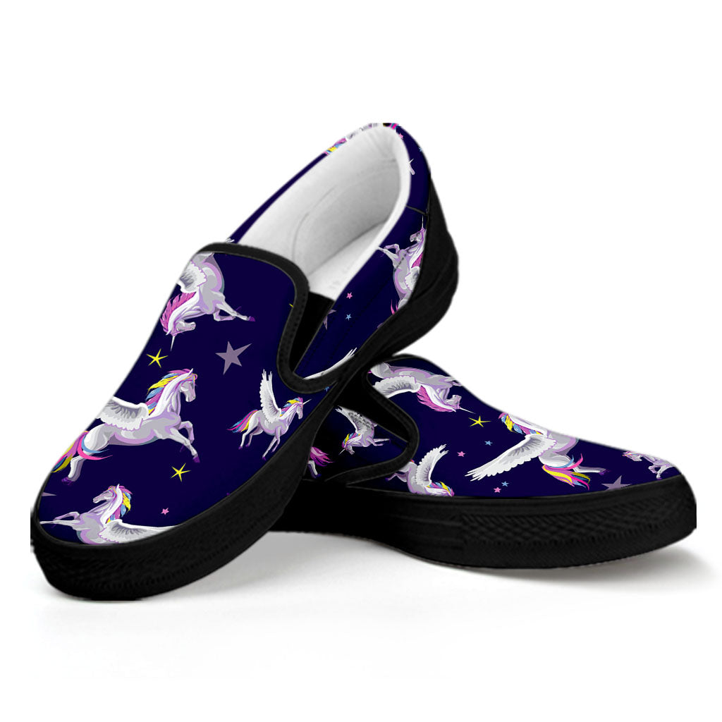 Night Winged Unicorn Pattern Print Black Slip On Sneakers