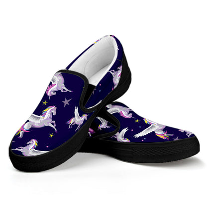 Night Winged Unicorn Pattern Print Black Slip On Sneakers