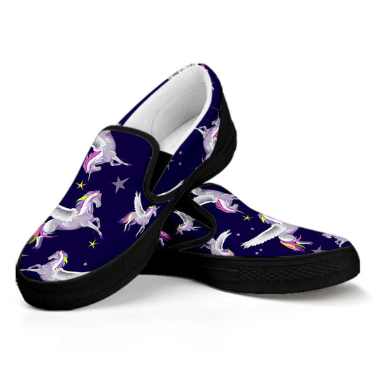 Night Winged Unicorn Pattern Print Black Slip On Sneakers