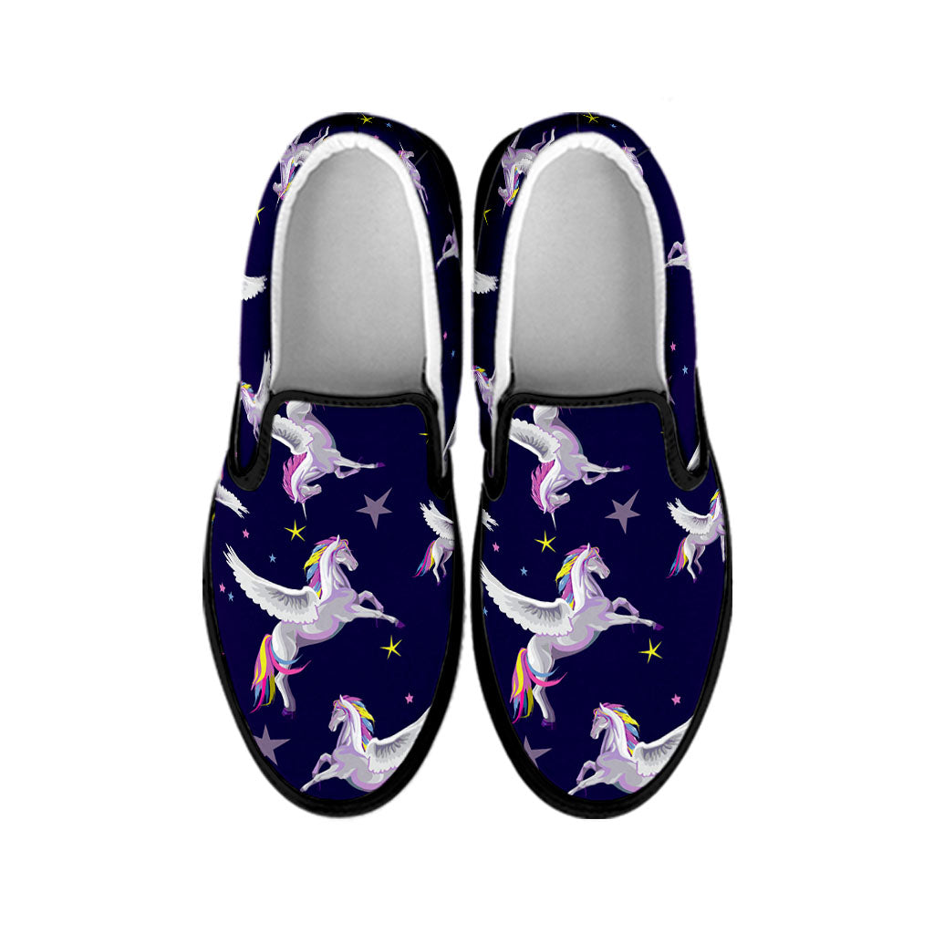 Night Winged Unicorn Pattern Print Black Slip On Sneakers