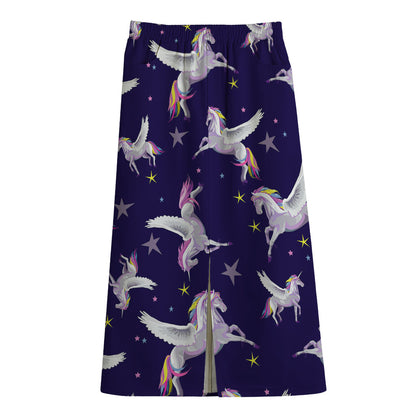 Night Winged Unicorn Pattern Print Cotton Front Slit Maxi Skirt