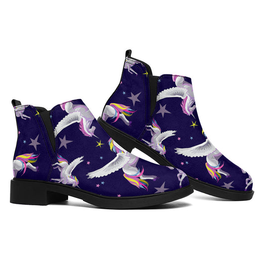 Night Winged Unicorn Pattern Print Flat Ankle Boots