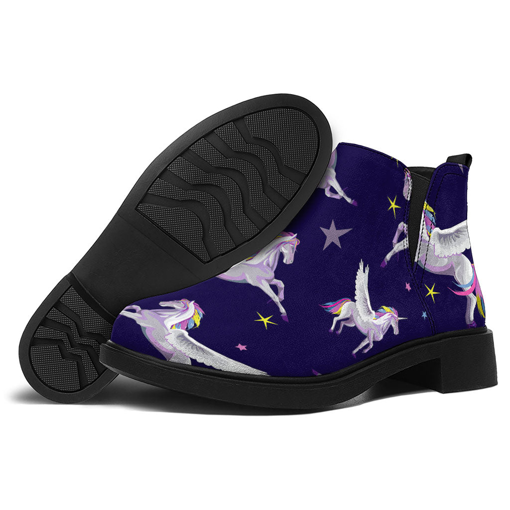 Night Winged Unicorn Pattern Print Flat Ankle Boots