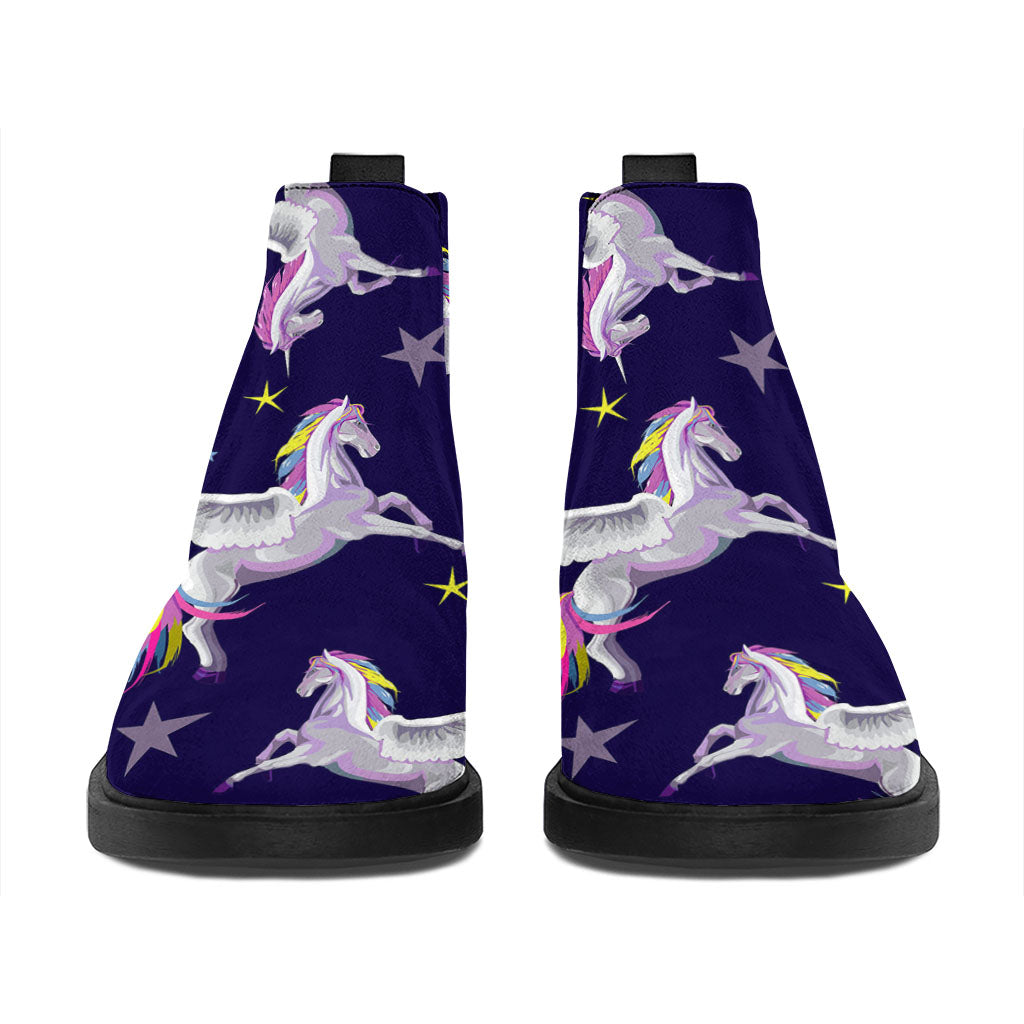 Night Winged Unicorn Pattern Print Flat Ankle Boots