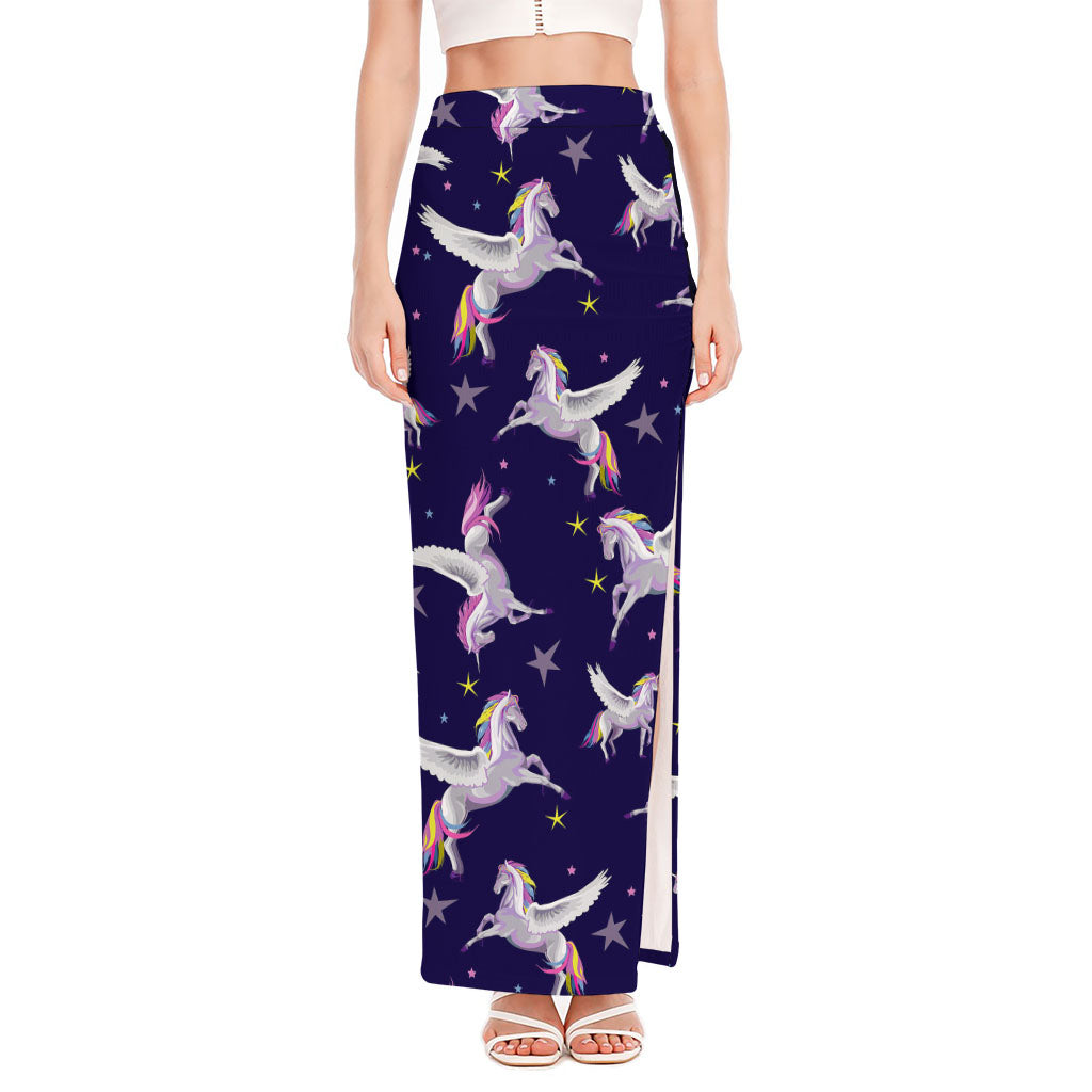 Night Winged Unicorn Pattern Print High Slit Maxi Skirt