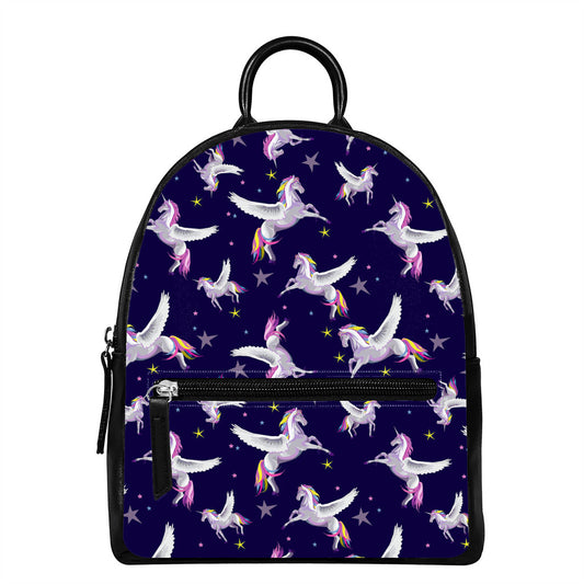Night Winged Unicorn Pattern Print Leather Backpack