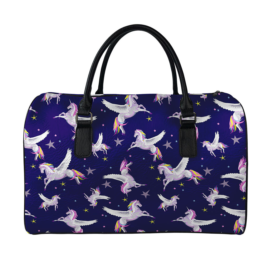 Night Winged Unicorn Pattern Print Leather Duffle Bag