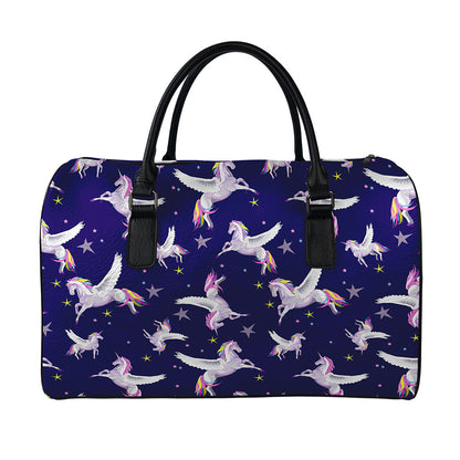 Night Winged Unicorn Pattern Print Leather Duffle Bag