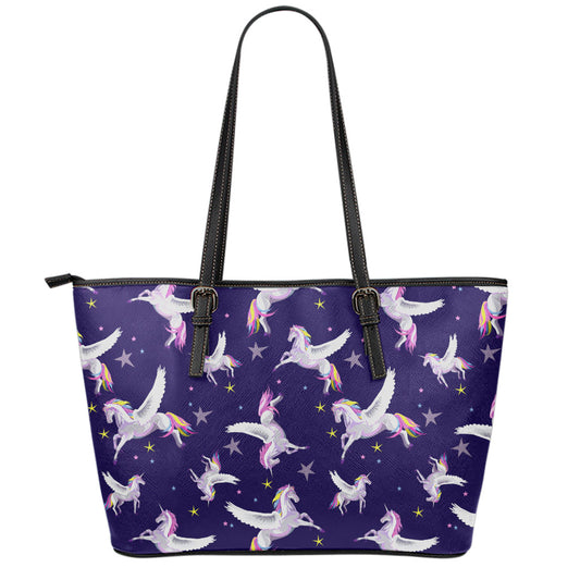 Night Winged Unicorn Pattern Print Leather Tote Bag