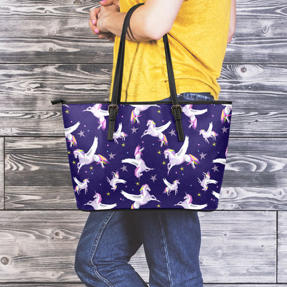 Night Winged Unicorn Pattern Print Leather Tote Bag