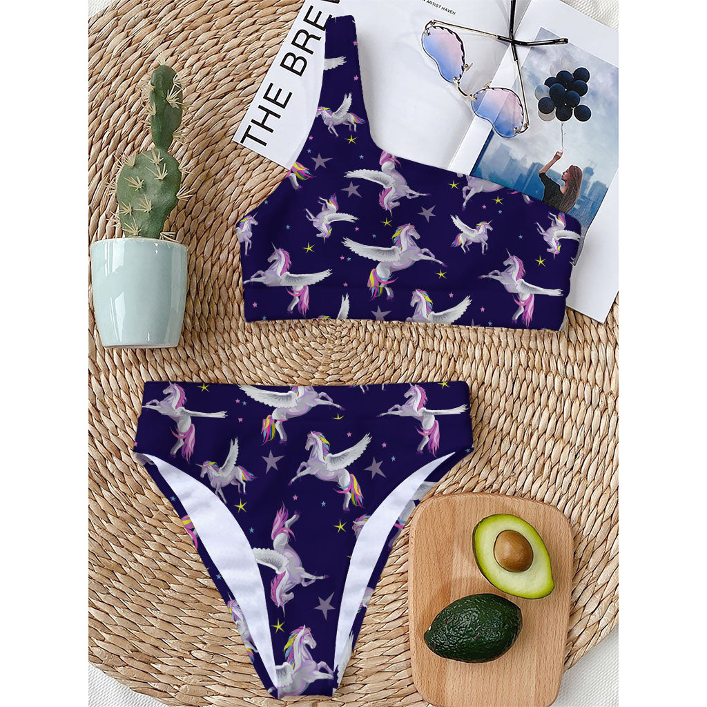 Night Winged Unicorn Pattern Print One Shoulder Bikini Top