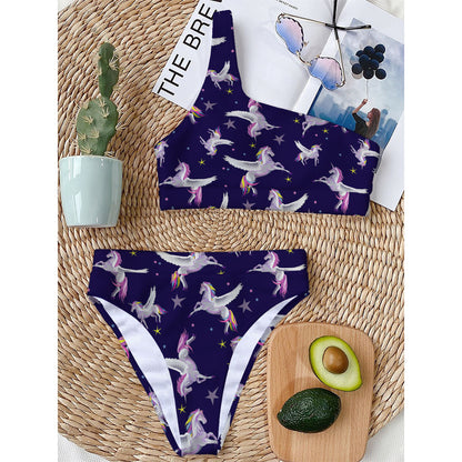 Night Winged Unicorn Pattern Print One Shoulder Bikini Top