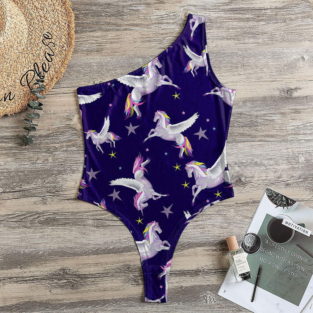 Night Winged Unicorn Pattern Print One Shoulder Bodysuit