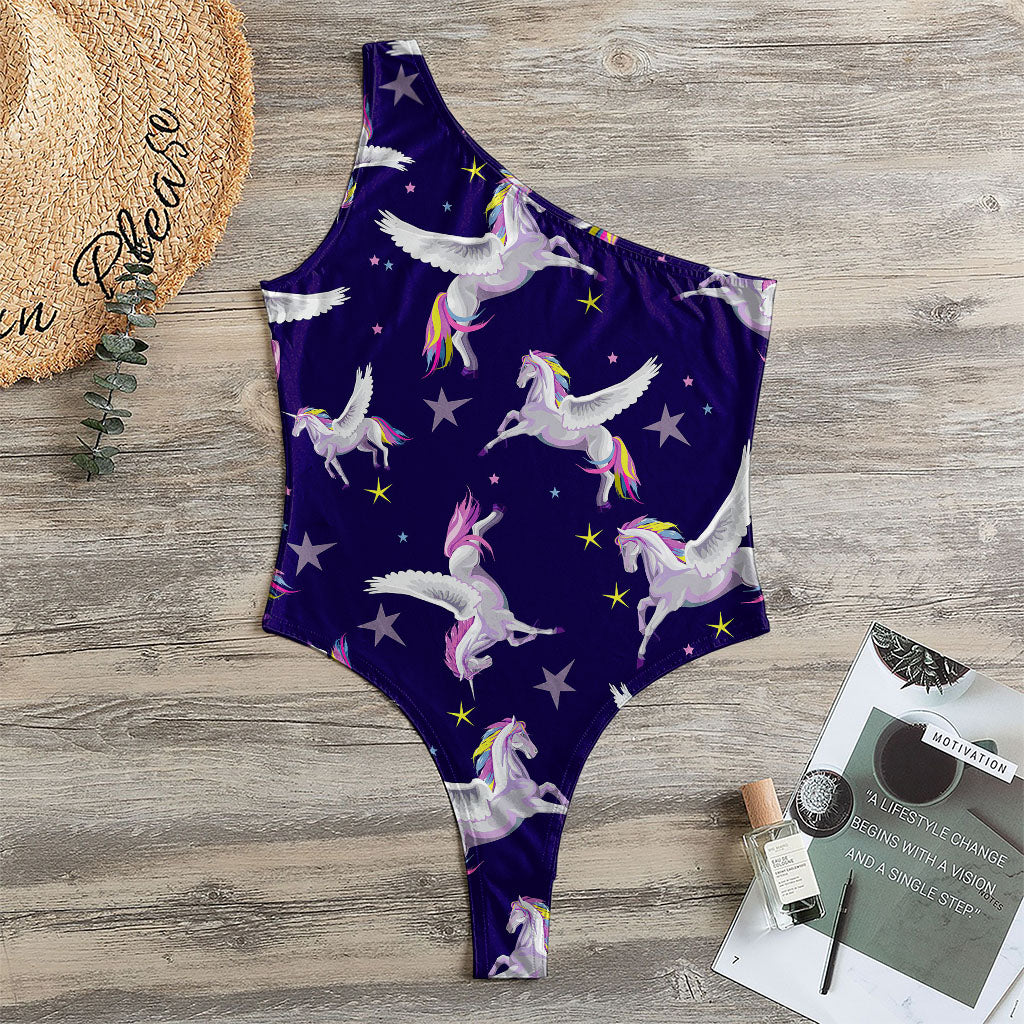Night Winged Unicorn Pattern Print One Shoulder Bodysuit