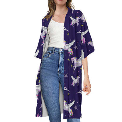 Night Winged Unicorn Pattern Print Open Front Beach Cover Up