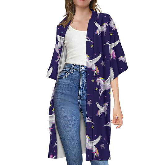 Night Winged Unicorn Pattern Print Open Front Beach Cover Up
