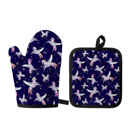 Night Winged Unicorn Pattern Print Oven Mitt And Pot Holder Set