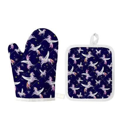 Night Winged Unicorn Pattern Print Oven Mitt And Pot Holder Set