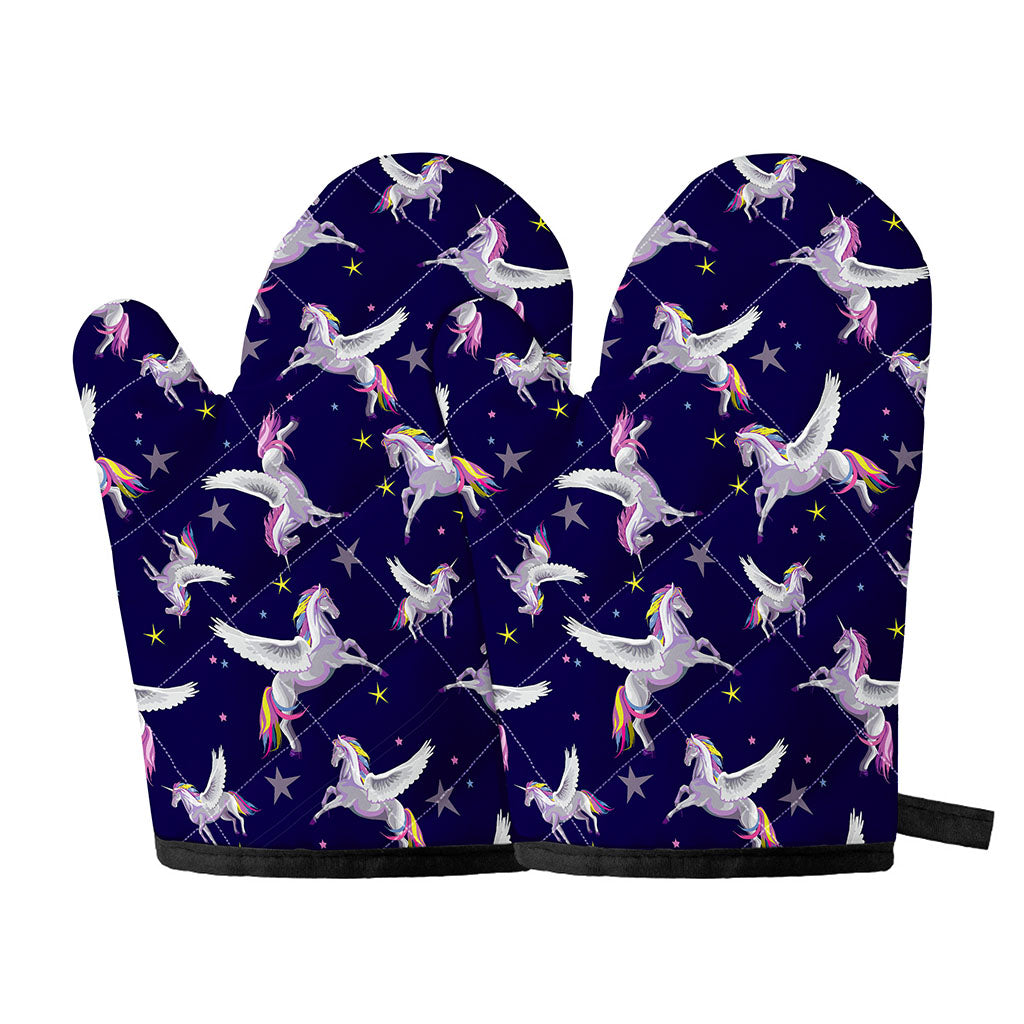 Night Winged Unicorn Pattern Print Oven Mitts