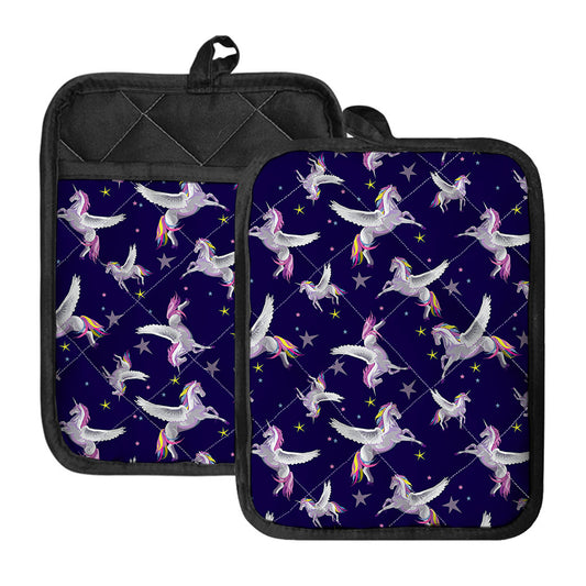 Night Winged Unicorn Pattern Print Pot Holders With Pocket