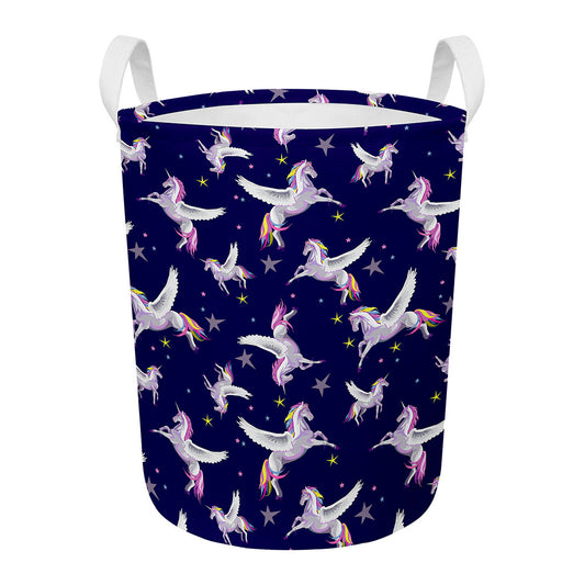 Night Winged Unicorn Pattern Print Round Laundry Basket