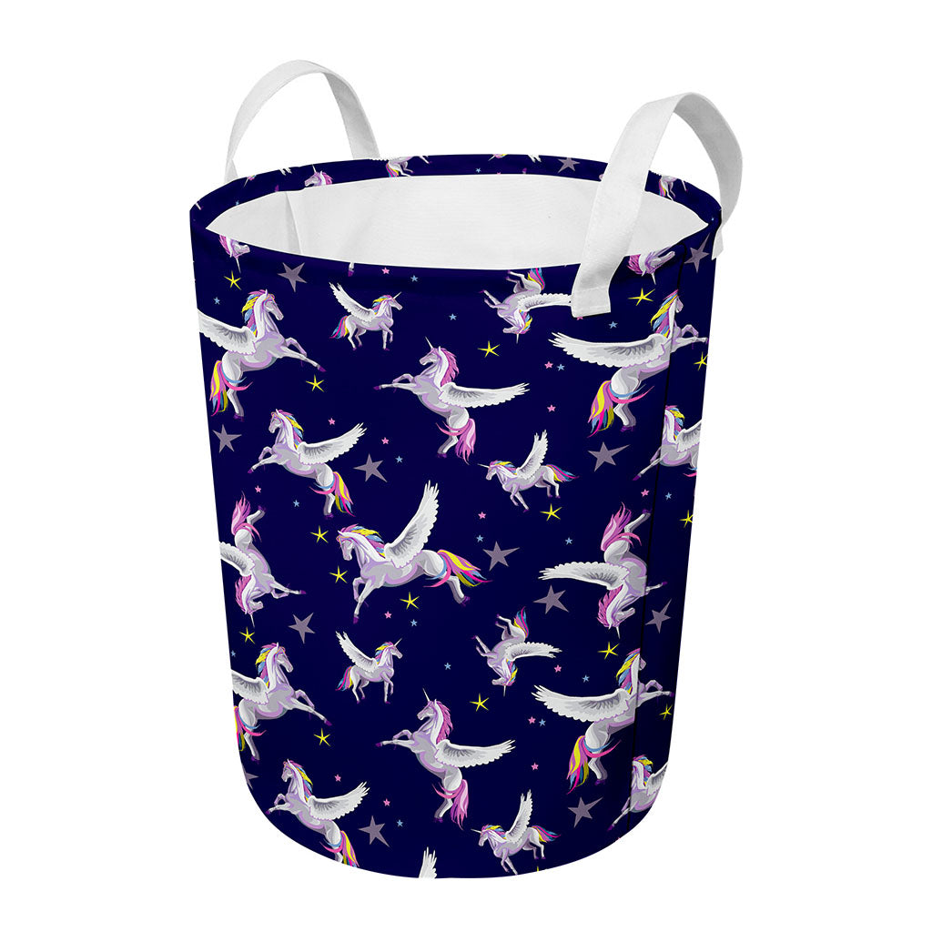 Night Winged Unicorn Pattern Print Round Laundry Basket