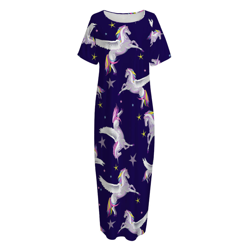 Night Winged Unicorn Pattern Print Short Sleeve Long Nightdress