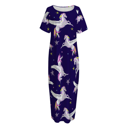 Night Winged Unicorn Pattern Print Short Sleeve Long Nightdress