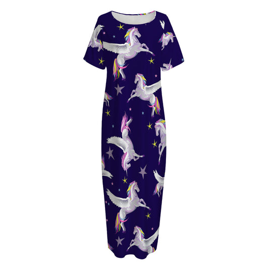 Night Winged Unicorn Pattern Print Short Sleeve Long Nightdress