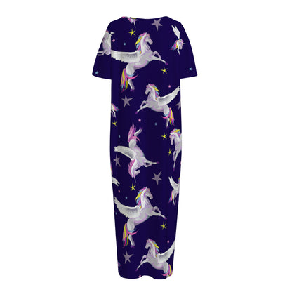 Night Winged Unicorn Pattern Print Short Sleeve Long Nightdress