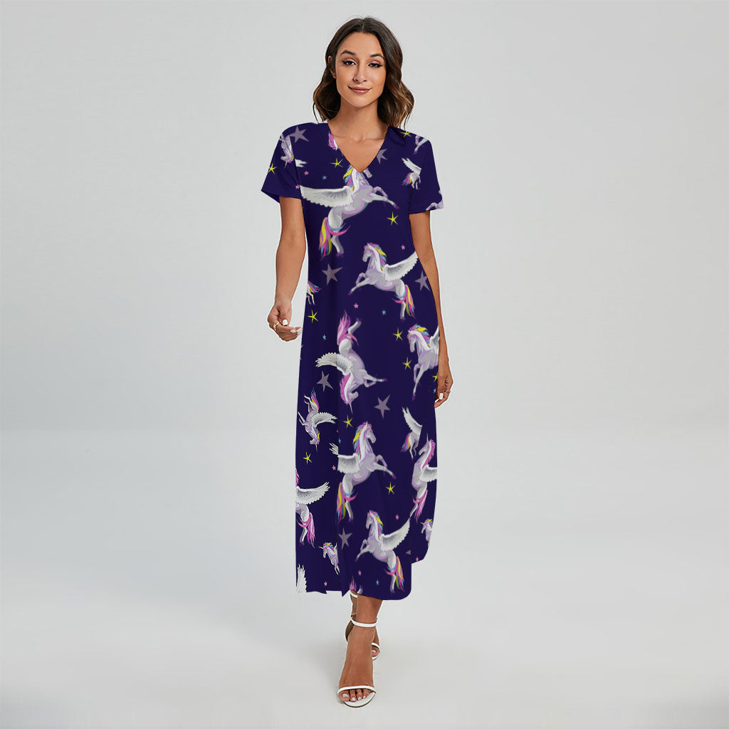 Night Winged Unicorn Pattern Print Short Sleeve Maxi Dress