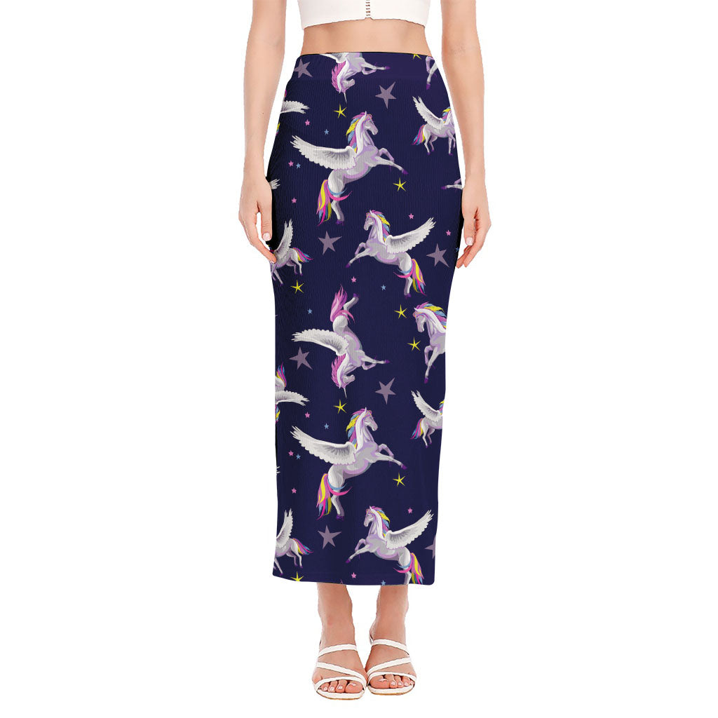 Night Winged Unicorn Pattern Print Side Slit Maxi Skirt
