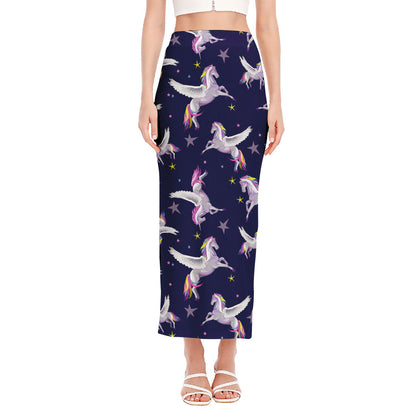 Night Winged Unicorn Pattern Print Side Slit Maxi Skirt
