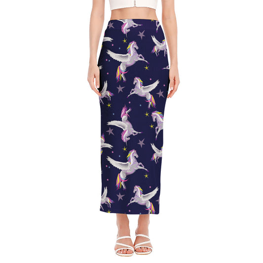 Night Winged Unicorn Pattern Print Side Slit Maxi Skirt