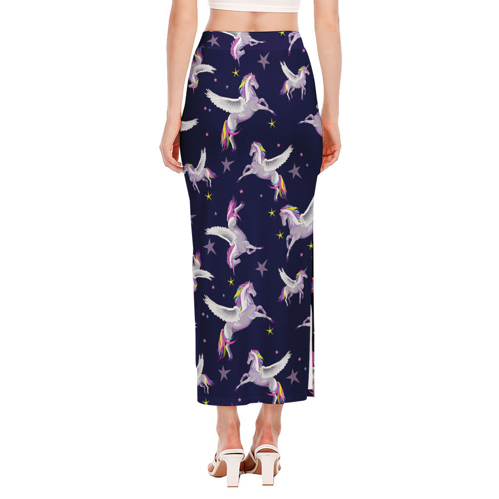 Night Winged Unicorn Pattern Print Side Slit Maxi Skirt