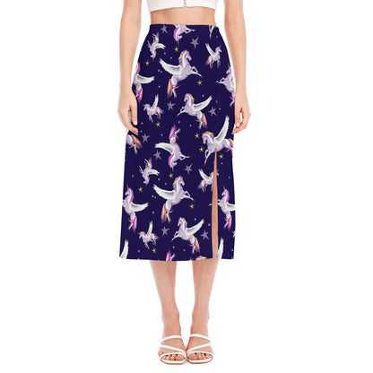 Night Winged Unicorn Pattern Print Side Slit Midi Skirt