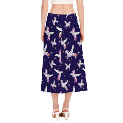 Night Winged Unicorn Pattern Print Side Slit Midi Skirt