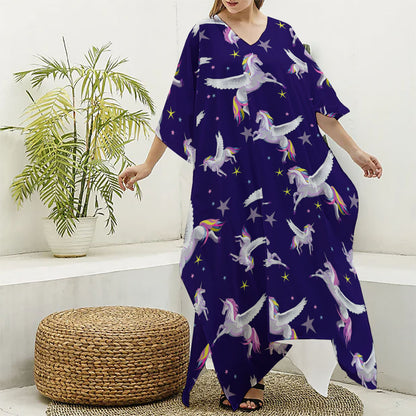 Night Winged Unicorn Pattern Print Silk V-Neck Kaftan Dress