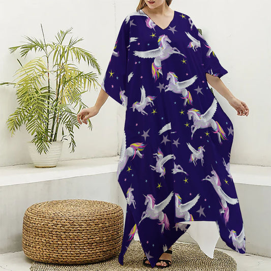 Night Winged Unicorn Pattern Print Silk V-Neck Kaftan Dress