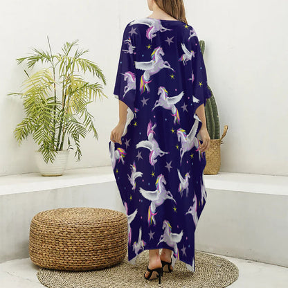 Night Winged Unicorn Pattern Print Silk V-Neck Kaftan Dress