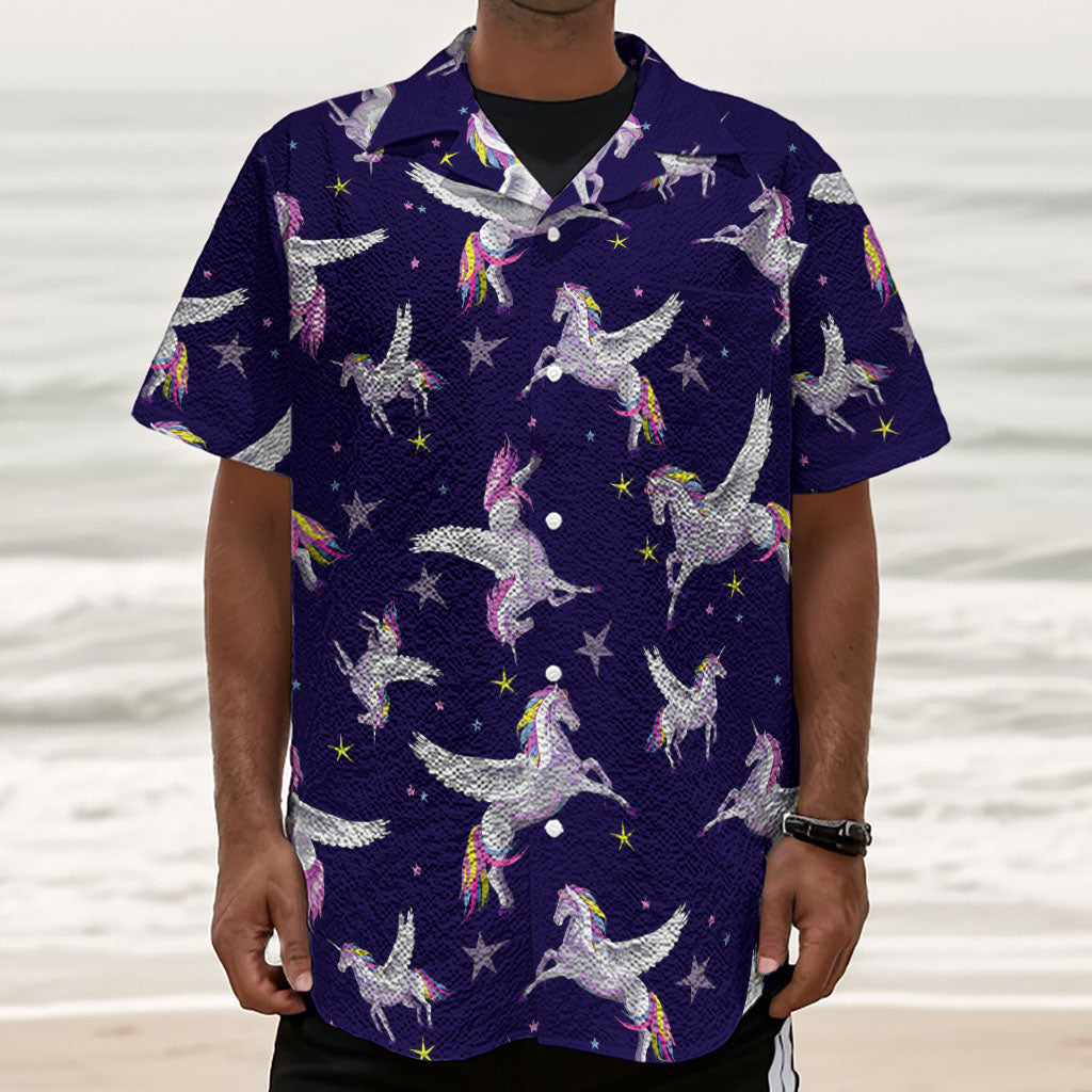 Night Winged Unicorn Pattern Print Textured Short Sleeve Shirt