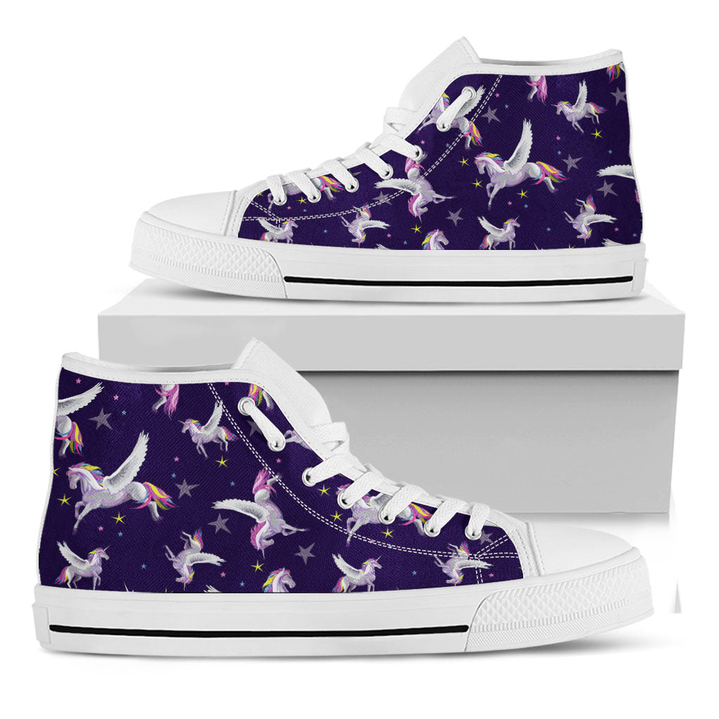 Night Winged Unicorn Pattern Print White High Top Sneakers