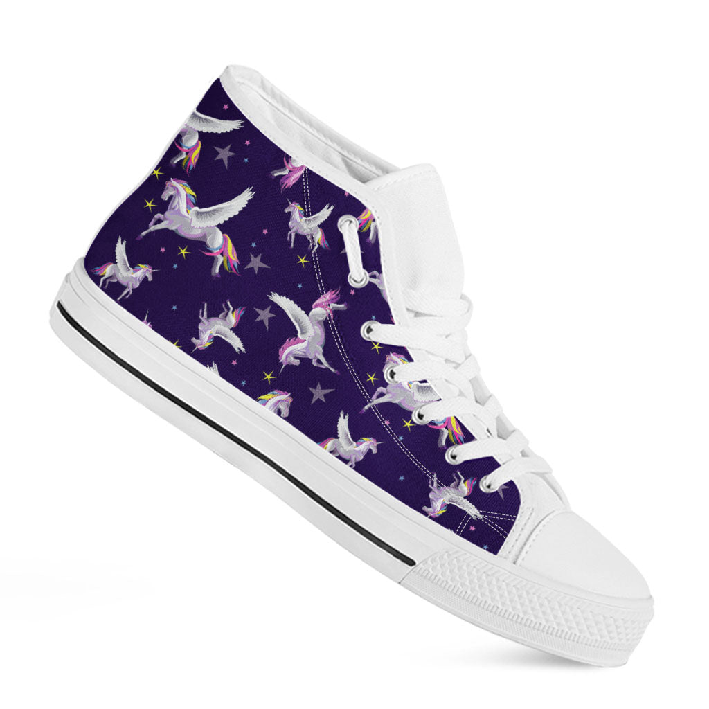 Night Winged Unicorn Pattern Print White High Top Sneakers
