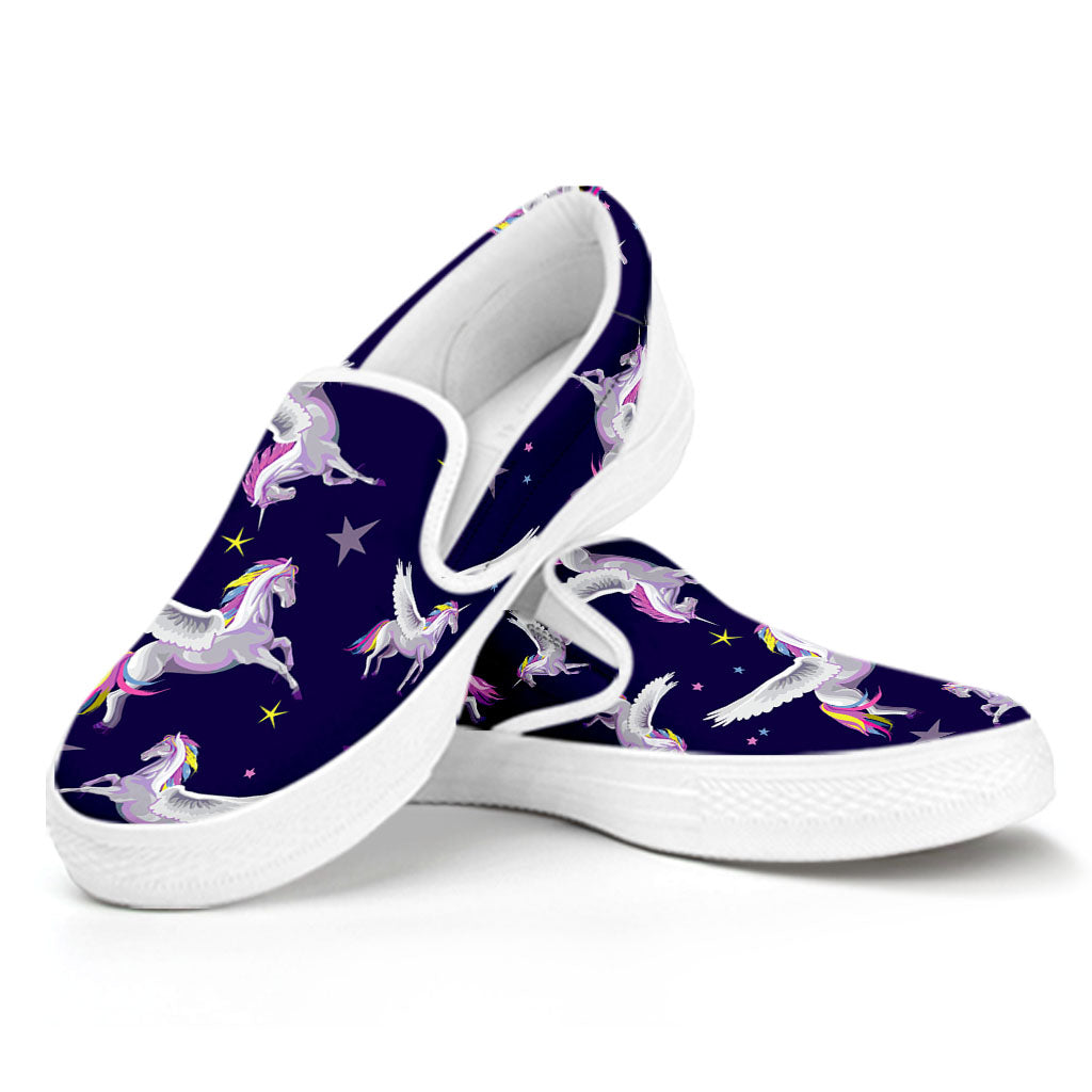 Night Winged Unicorn Pattern Print White Slip On Sneakers