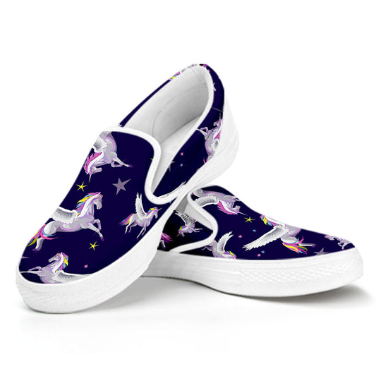 Night Winged Unicorn Pattern Print White Slip On Sneakers