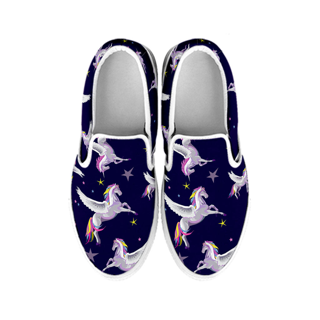 Night Winged Unicorn Pattern Print White Slip On Sneakers