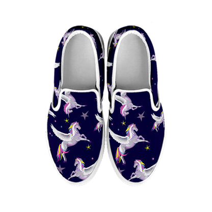 Night Winged Unicorn Pattern Print White Slip On Sneakers